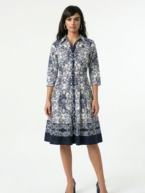 Samantha Sung Shirt Dress Size 4 Baroque Print Pleated Skirt Pockets